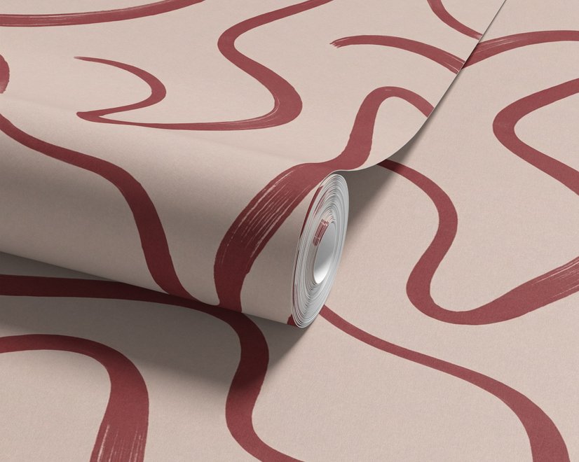 Burgundy-red looping contour lines on blush cream pink wallpaper mural
