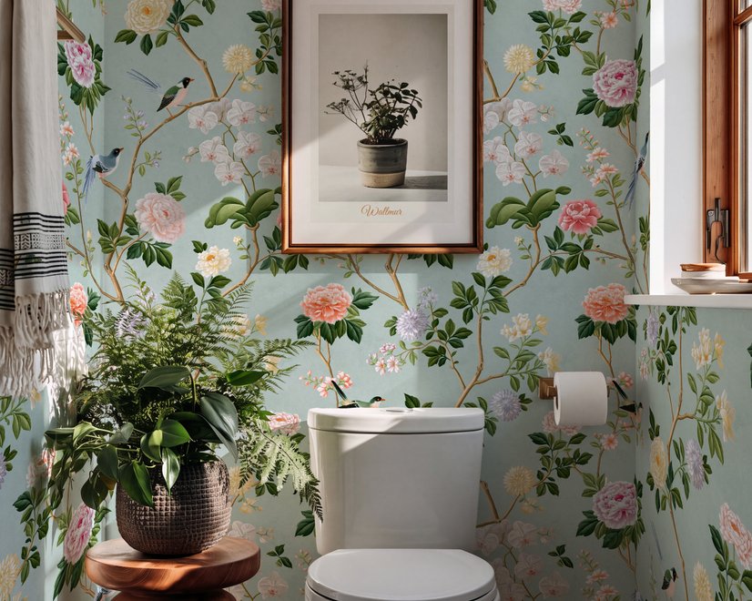 Chinoiserie wallpaper with peach birds, orchids and peonies on a pale duck egg blue ground