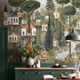 Architectural design wallpaper mural of forest treehouses, rivers, boats and small figures in green watercolour