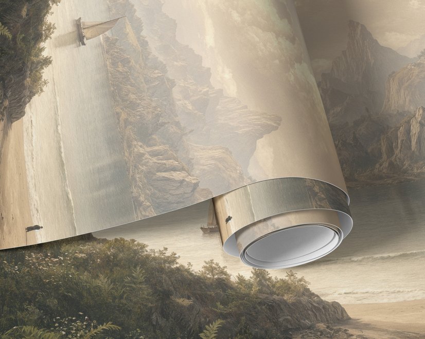 Landscape wallpaper mural with sepia coastal mountains, sailboat, beach figure and foreground tree