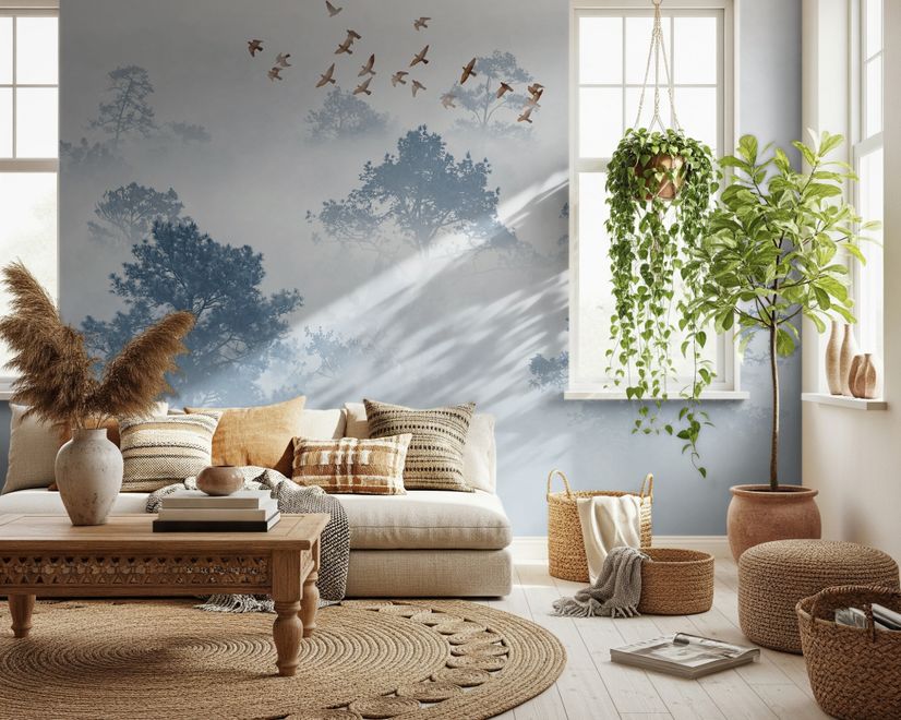 Misty Forest with Birds Wallpaper Mural