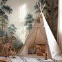 Vintage forest wallpaper mural with blue-grey trees, ivory blossom, red plants and toadstools around a misty path