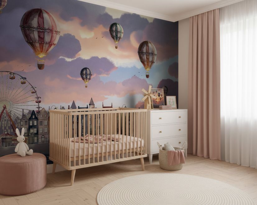 Kids Harbor Village and Hot Air Balloons Wallpaper Mural