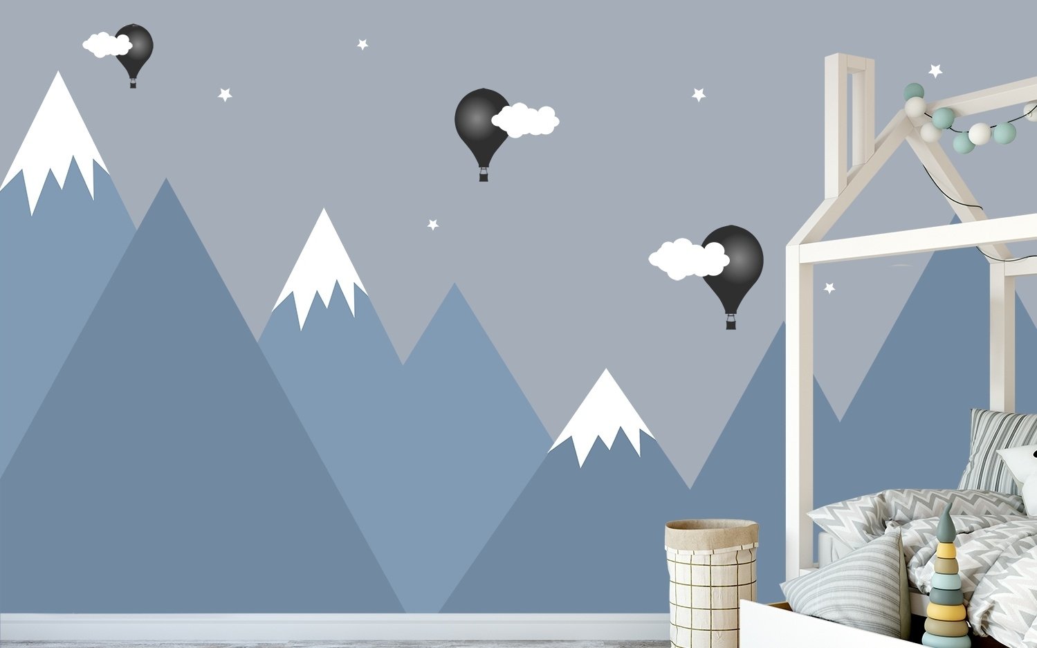 Cartoon Mountain Landscape with Hot Air Balloon Wallpaper Mural - Peel and Stick