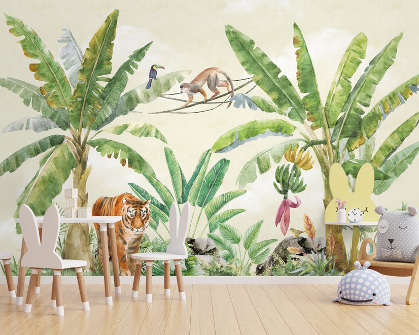 Aquarell Safari-Tiere im Regenwald Fototapete für Kinder