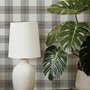 Beige, oat and cream-white plaid wallpaper with fine navy-blue stripes and printed linen texture