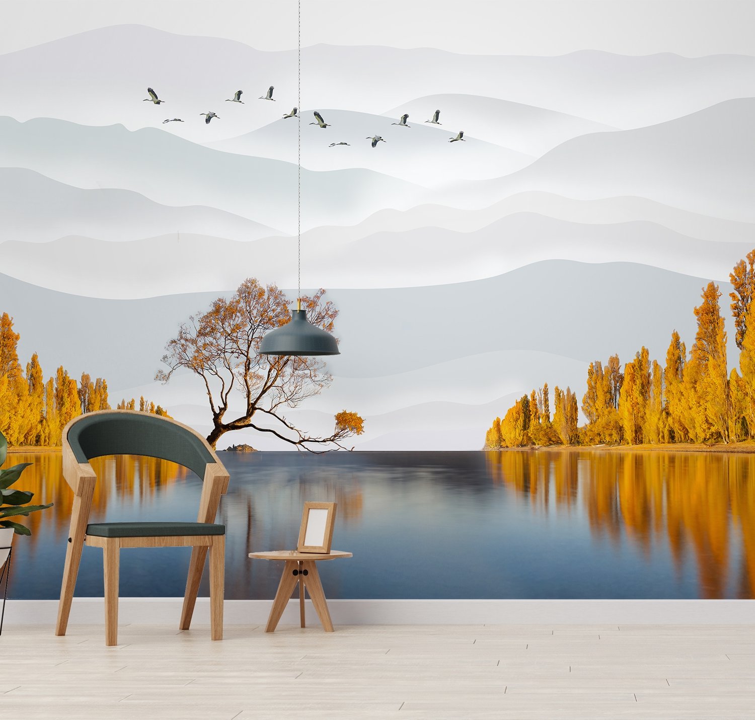 River Landscape and Yellow Autumn Trees Wallpaper Mural - Peel and Stick