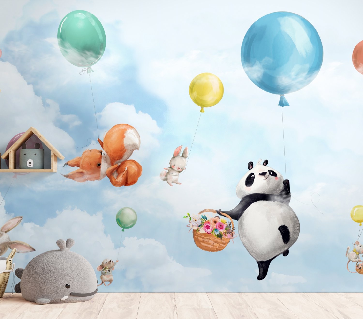 Cute Flying Panda & Animals Kids Nursery Wallpaper Mural - Peel and Stick