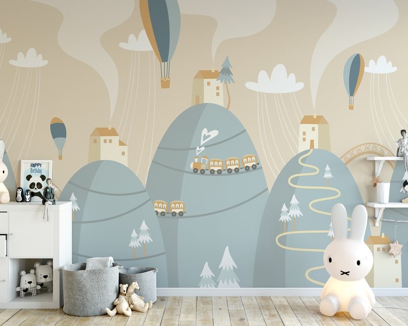 Papier peint Montgolfière douce avec petite maison