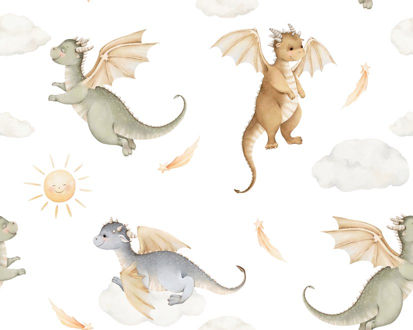 Kids wallpaper with sage, caramel and blue-gray watercolor dragons, clouds, sun and stars on white