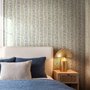 Blue floral stripe wallpaper with pale sky-blue bell flowers, green vines and sage bands on white