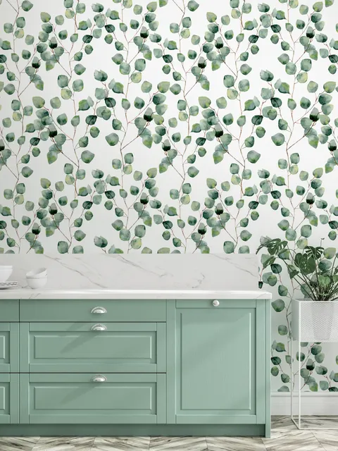 Watercolor Eucalyptus Leaf Pattern Wallpaper Mural