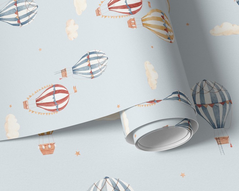 Hot air balloon wallpaper with watercolor balloons, ivory clouds and peach gold stars on pale powder blue