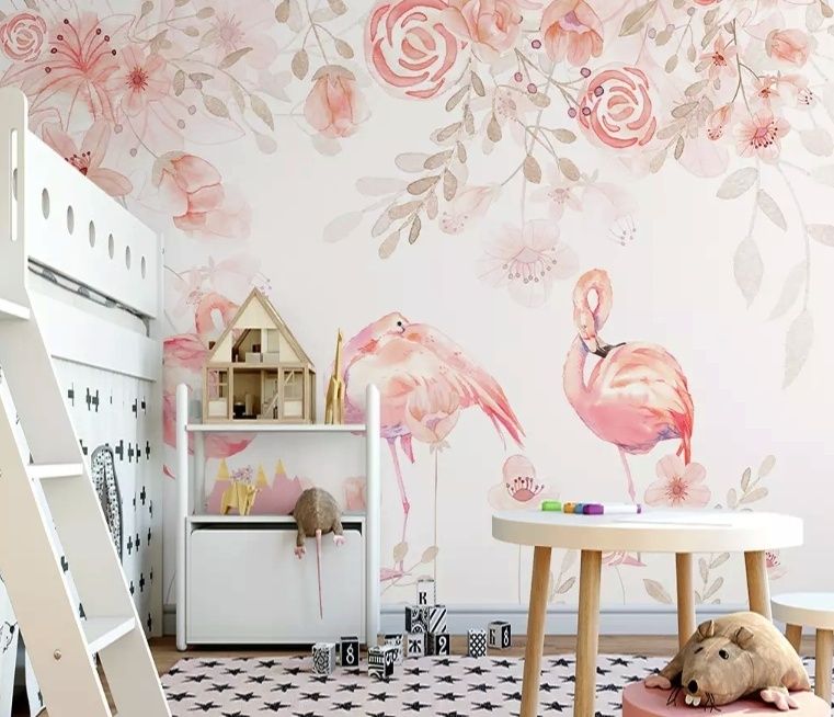 Pink Flamingo with Pink Flowers Wallpaper Mural