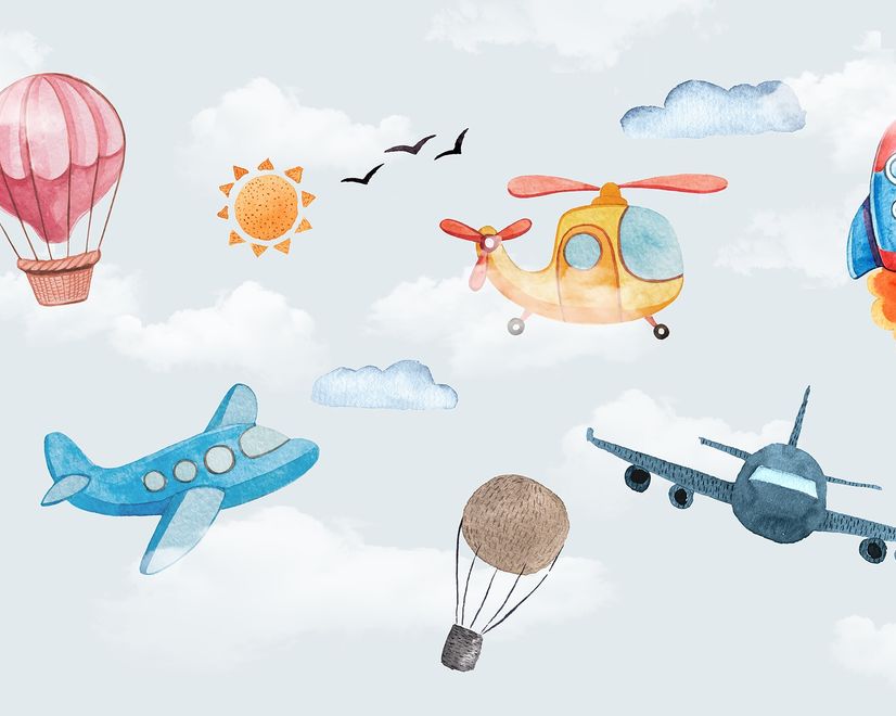Cartoon Aircraft and Pink Hot Air Balloon Wallpaper Mural