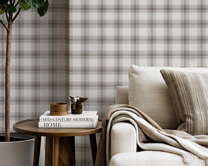 Neutral beige and brown plaid wallpaper with cream squares, taupe woven blocks and fine dark brown lines