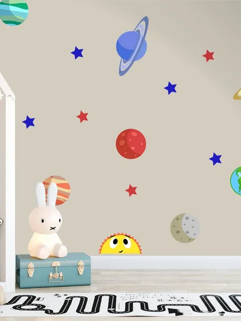 Colorful Planets and Happy Sun with Stars Wall Decal Sticker