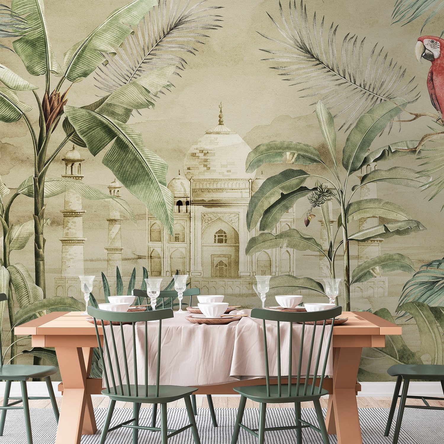 Taj Mahal and Vintage Leaf Wallpaper Mural - Peel and Stick
