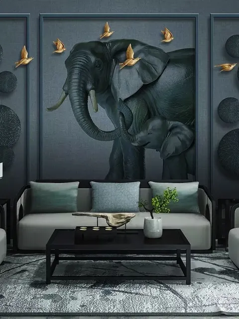 3D Embossed Look Dark Elephant and Birds Wallpaper Mural
