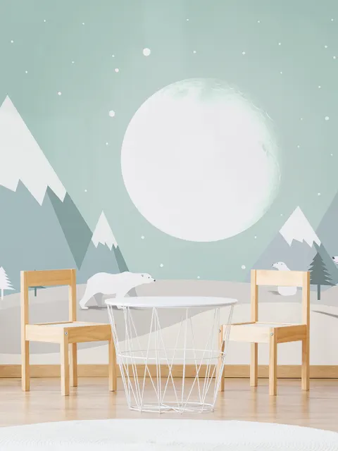 Kids Mountainscape with Cute Bear and Green Skyscape Wallpaper Mural