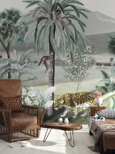 Vintage Exotic Landscape with Wild Animals Wallpaper Mural