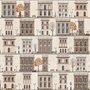 Vintage city wallpaper with illustrated European townhouses, lamps, bicycles, benches and orange-gold trees