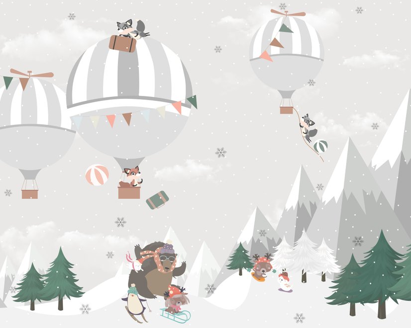 Papier peint panoramique animaux mignons faisant du patin sur la montagne enneigée avec montgolfière