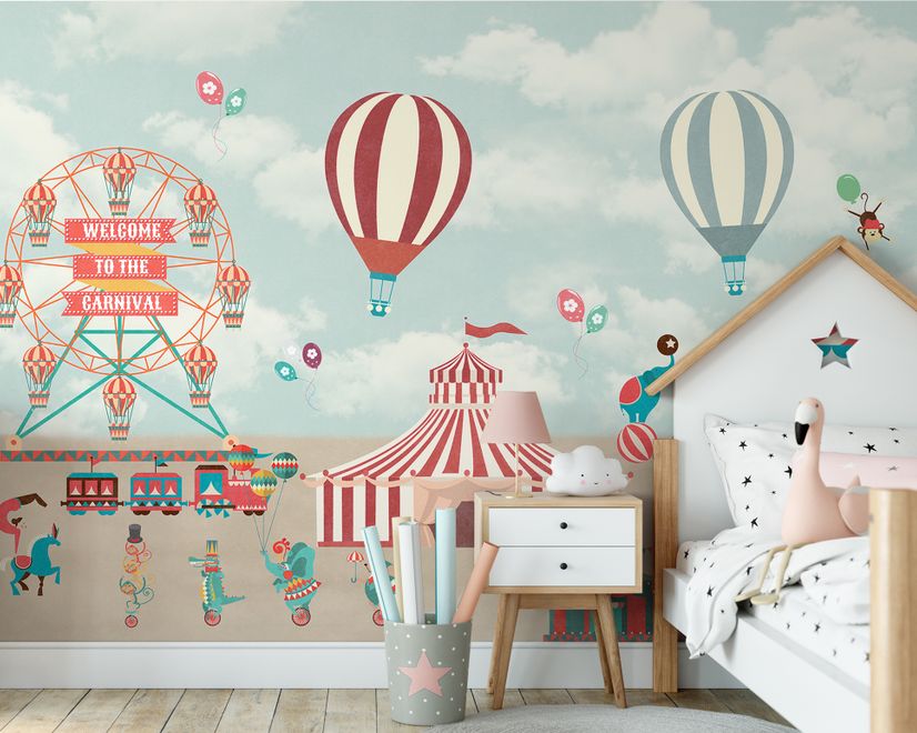 Red Circus with Hot Air Balloon Wallpaper Mural