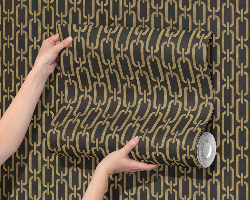 Black wallpaper with gold vertical chain link Art Deco repeat on a textured charcoal ground