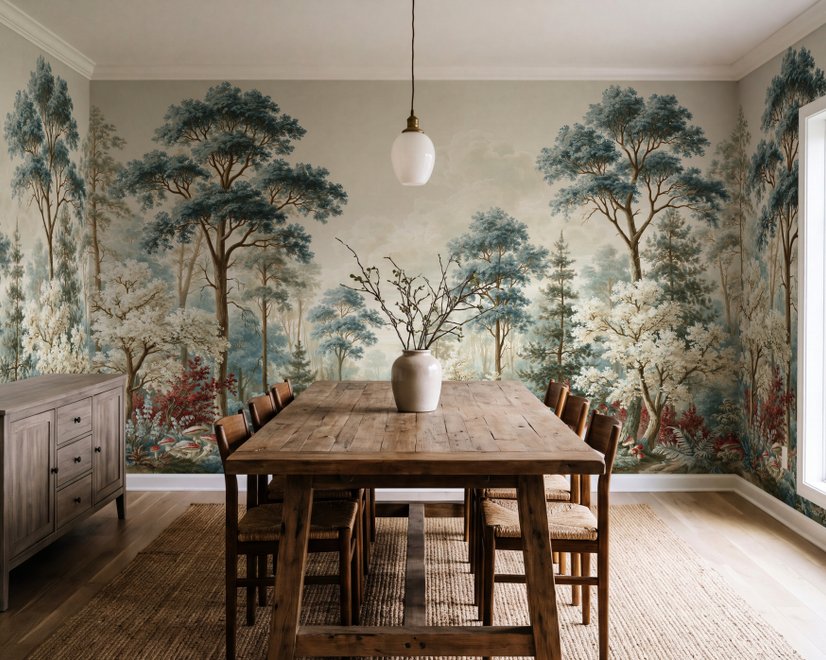 Vintage forest wallpaper mural with blue-grey trees, ivory blossom, red plants and toadstools around a misty path