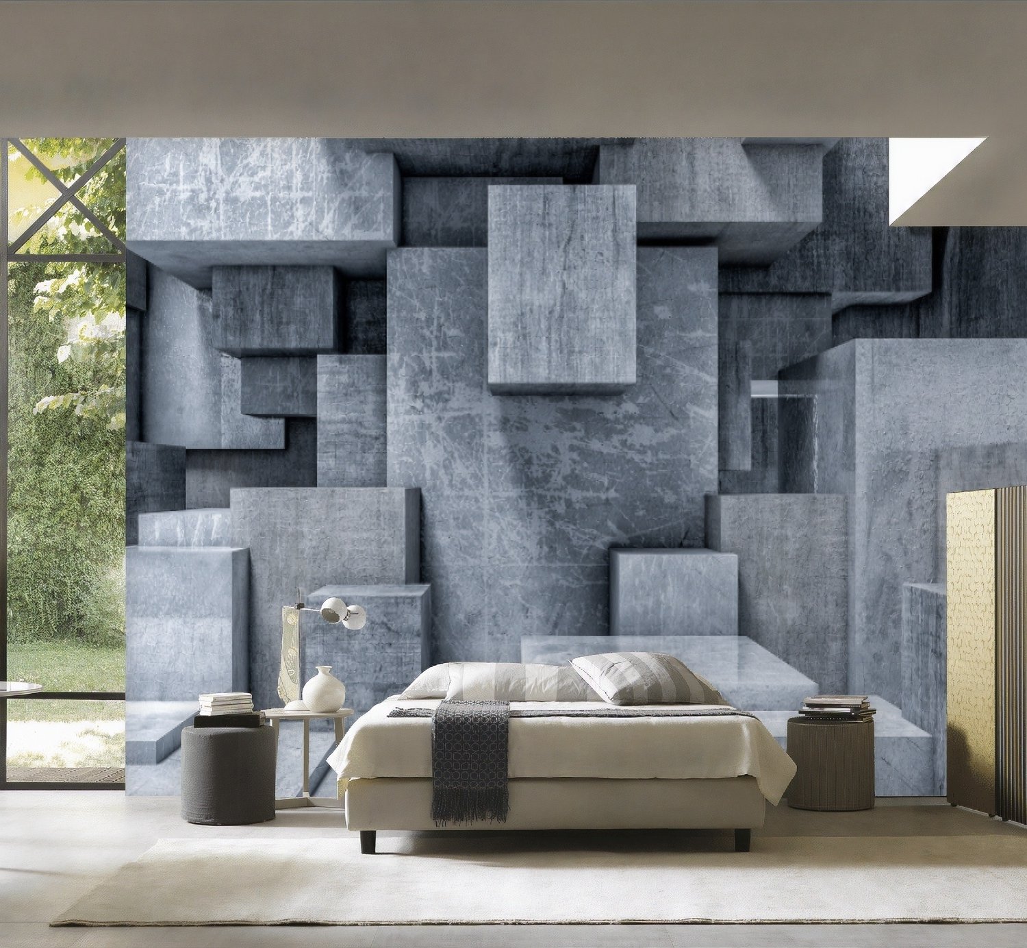 3D Look Concrete Style Gray Abstract Cubes Wallpaper Mural - Peel and Stick