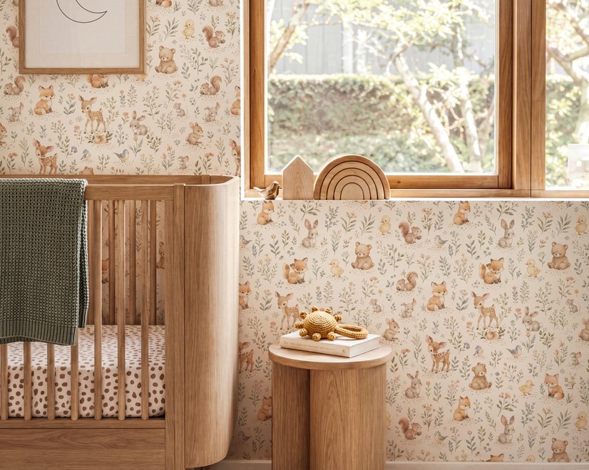 Woodland nursery wallpaper pattern with watercolour fawns, fox cubs, rabbits, teddy bears, birds and ducklings on cream