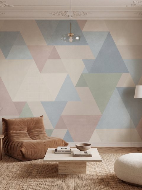 Pastel abstract wallpaper with overlapping sky blue, blush, cream, sage and grey textured triangles