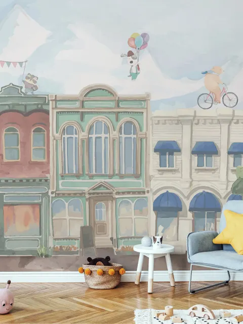 Papier peint panoramique d'un village d'enfants avec des animaux de dessins animés