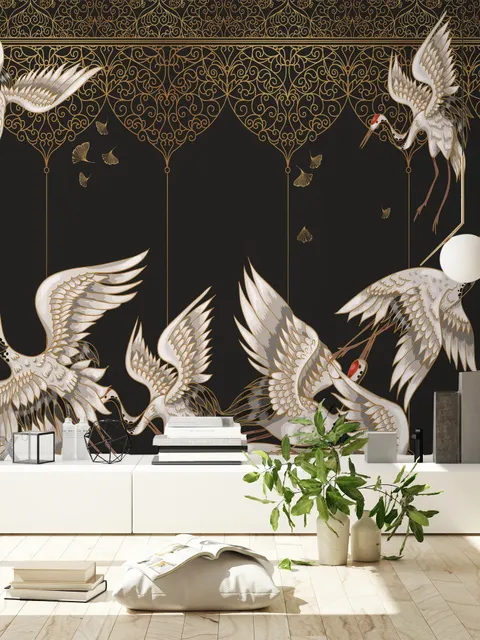 Asian Crane Birds and Ornaments Wallpaper Mural