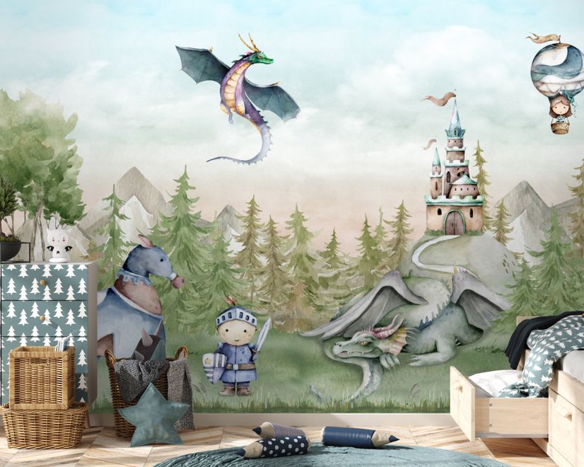 Kinder Drachen Märchenhafter Prinz und Prinzessin Fototapete