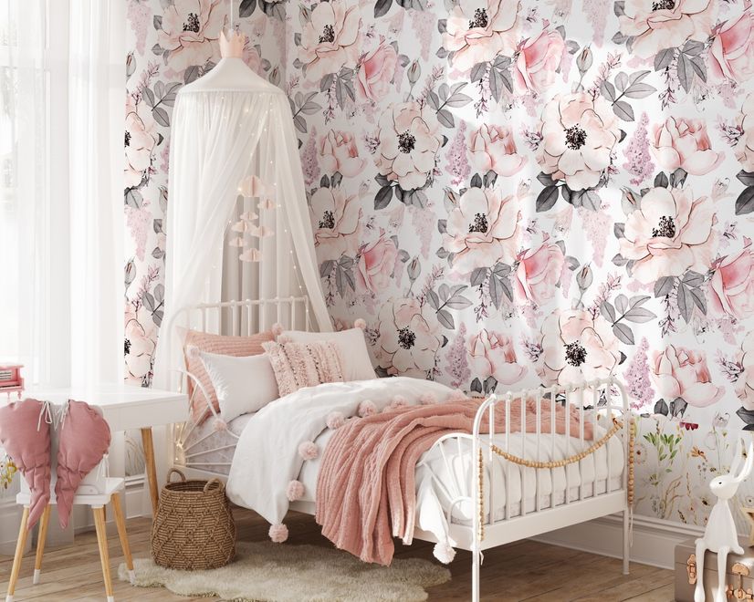 Kids Nursery Floral Pink Rose Pattern Wallpaper Mural
