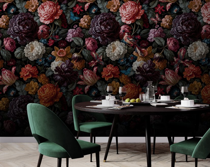 Vintage peony wallpaper mural with plum, blush and ivory flowers, dark foliage and small hummingbirds