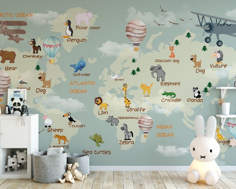 Kids World Atlas with Animals Wallpaper Mural
