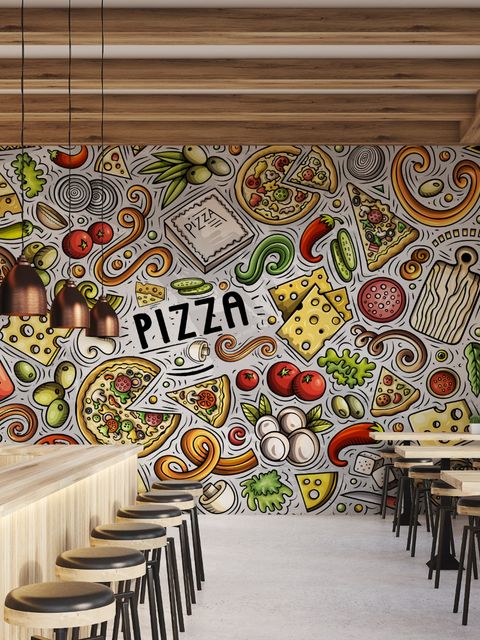 Papier peint panoramique de dessins animés sur la restauration rapide et les pizzas
