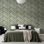 Bamboo oil painting wallpaper with olive leaves and ochre canes on a soft blue-grey ground