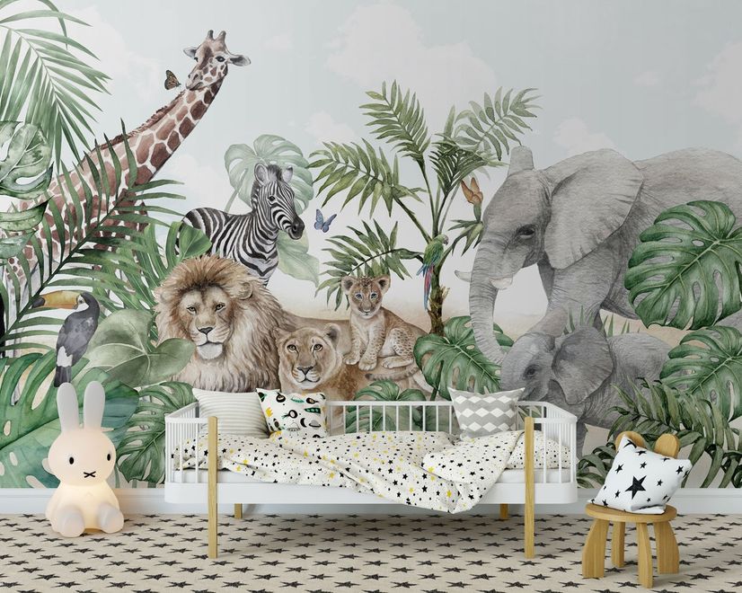 Kids Tropical Animals with Leafs Wallpaper Mural