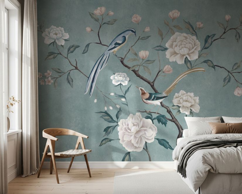Vintage Peony Floral and Swallow Wallpaper Mural