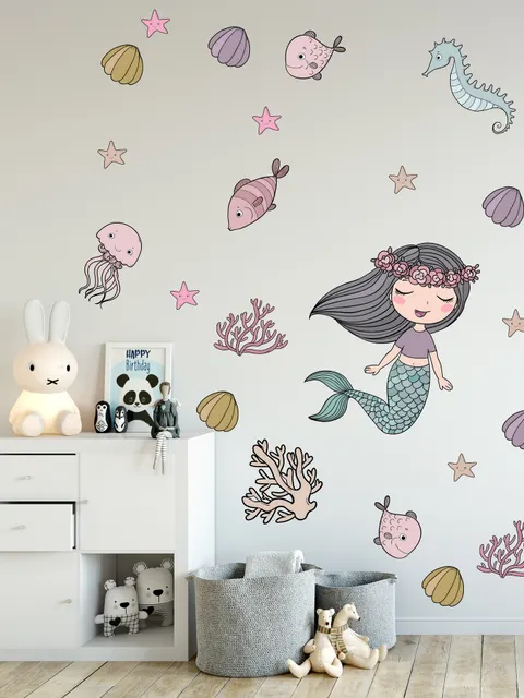 Stickers muraux sirène Ariel et sous-marin pour enfants