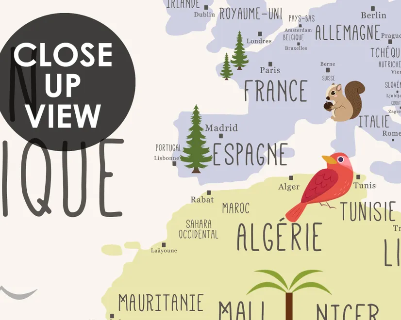  Carte éducatif en Français - Papier peint carte du monde éducative avec animaux pour enfants et bébé