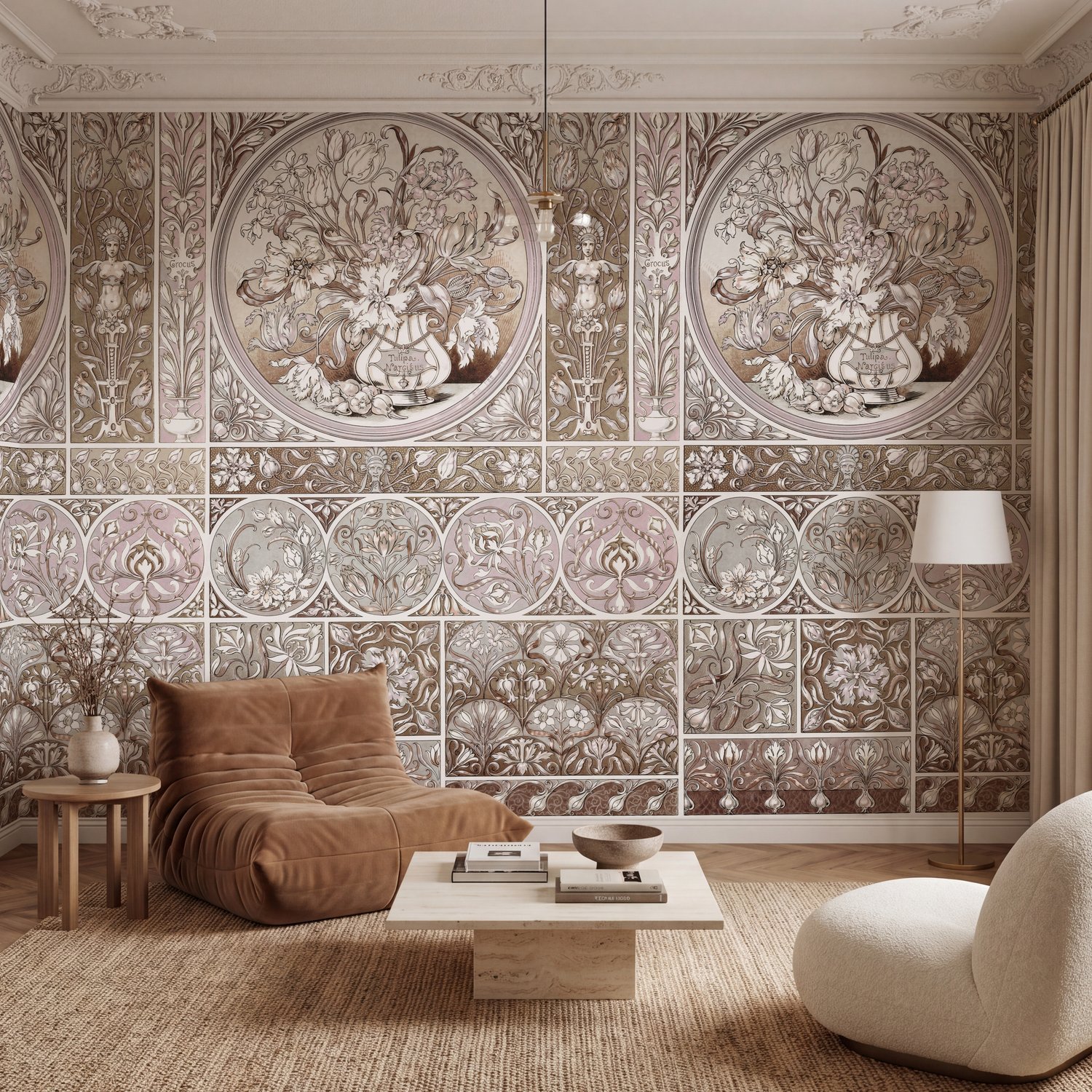 Antique Floral with Art Nouveau Ornaments Wall Mural - Peel and Stick