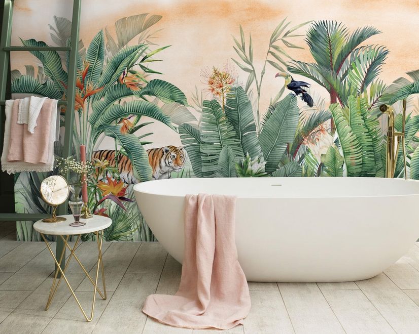 Tiger and Tropical Leaves Wallpaper Mural