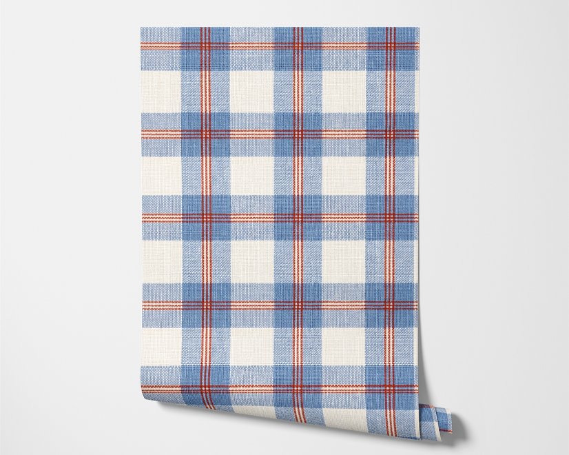 Blue and red plaid wallpaper with denim blue, cream and sky blue woven checks and fine red stripes