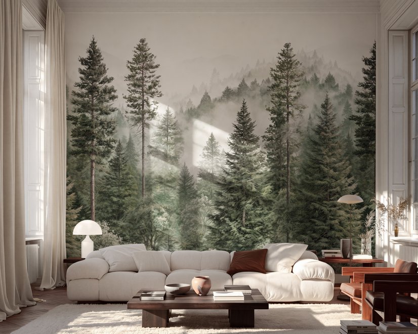 Misty mountain wallpaper mural with tall pine trees, layered green forest and pale foggy ridges