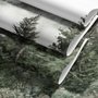 Misty mountain wallpaper mural with tall pine trees, layered green forest and pale foggy ridges